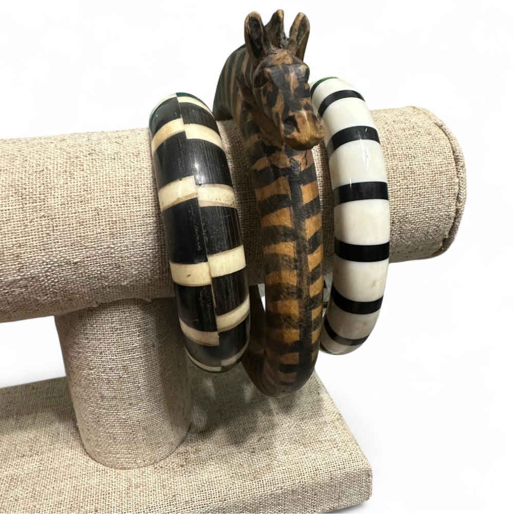 Vintage Hand-Carved Zebra Wood Bangle + 2 Painted Stripe Bangles Set
